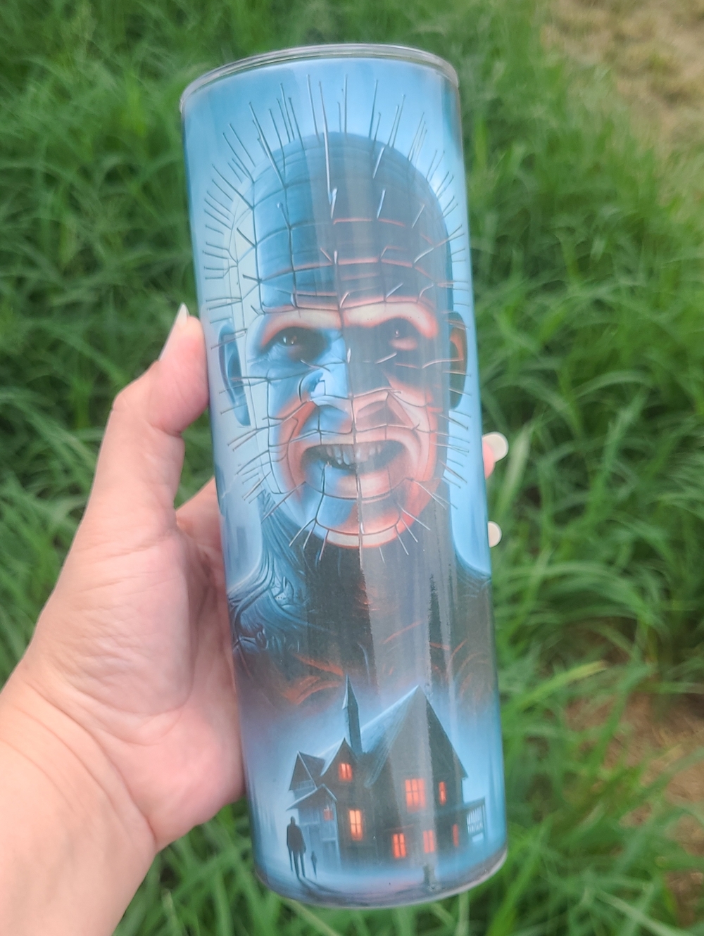 Blue Horror-Themed Stainless Steel Tumbler with Pinhead Artwork